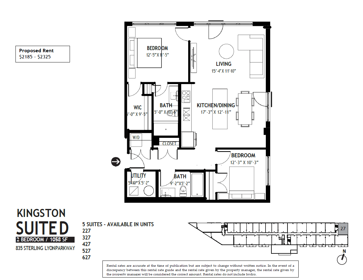 Floor plan for 2 beds, 2 baths, 1058 sqft